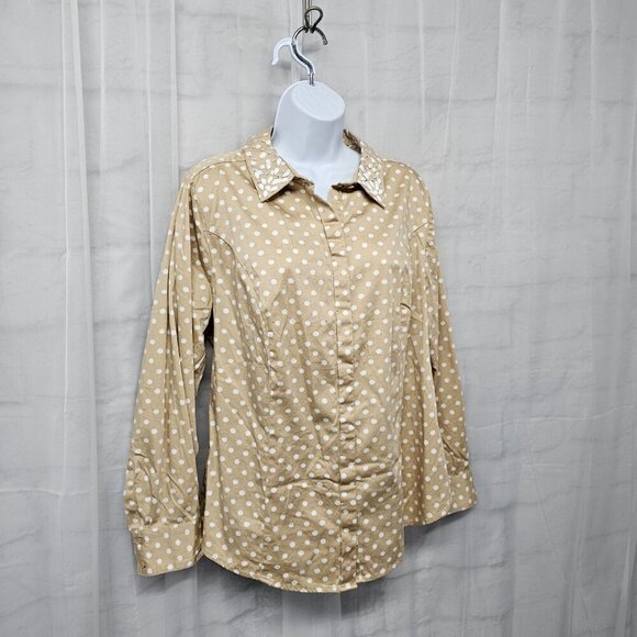 Lane Bryant Tan White Polka Dot Blouse Beaded Button-Down 16 - Picture 6 of 12